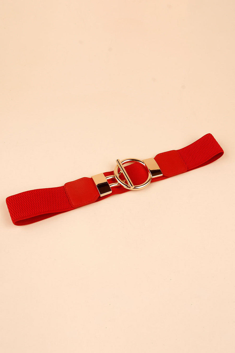Red elasticated ring buckle belt with gold alloy hardware