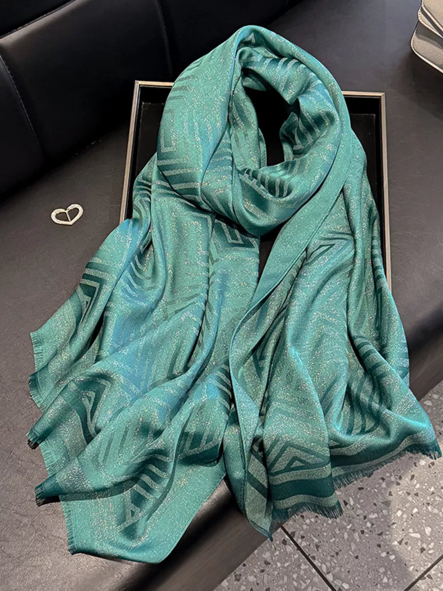 Green Tencel cotton scarf with geometric pattern and fringe detail