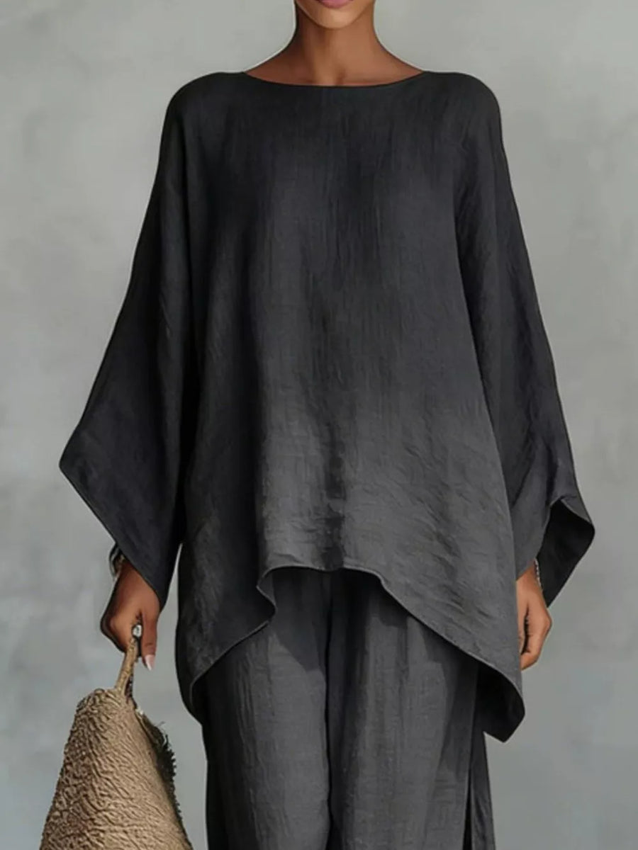Full Size Round Neck Top And Wide Leg Pants Set in Black