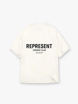 Oversized ivory graphic tee with black "REPRESENT OWNERS' CLUB" text and smaller print.