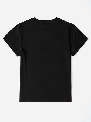 Black polyester t-shirt with crew neck and short sleeves.