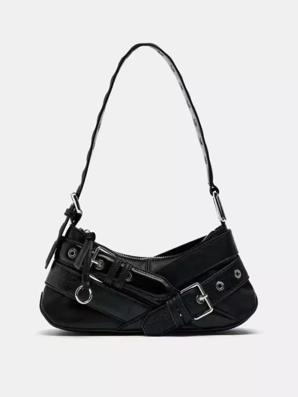 Black shoulder bag with multiple buckle and strap accents