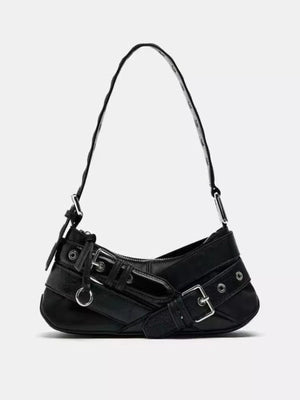 Black shoulder bag with multiple buckle and strap accents