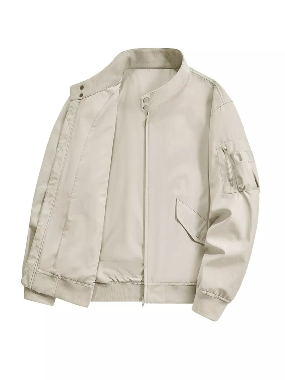 Beige gray bomber jacket with zip front, snap collar, and zippered sleeve pocket.