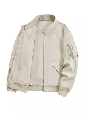 Beige gray bomber jacket with zip front, snap collar, and zippered sleeve pocket.