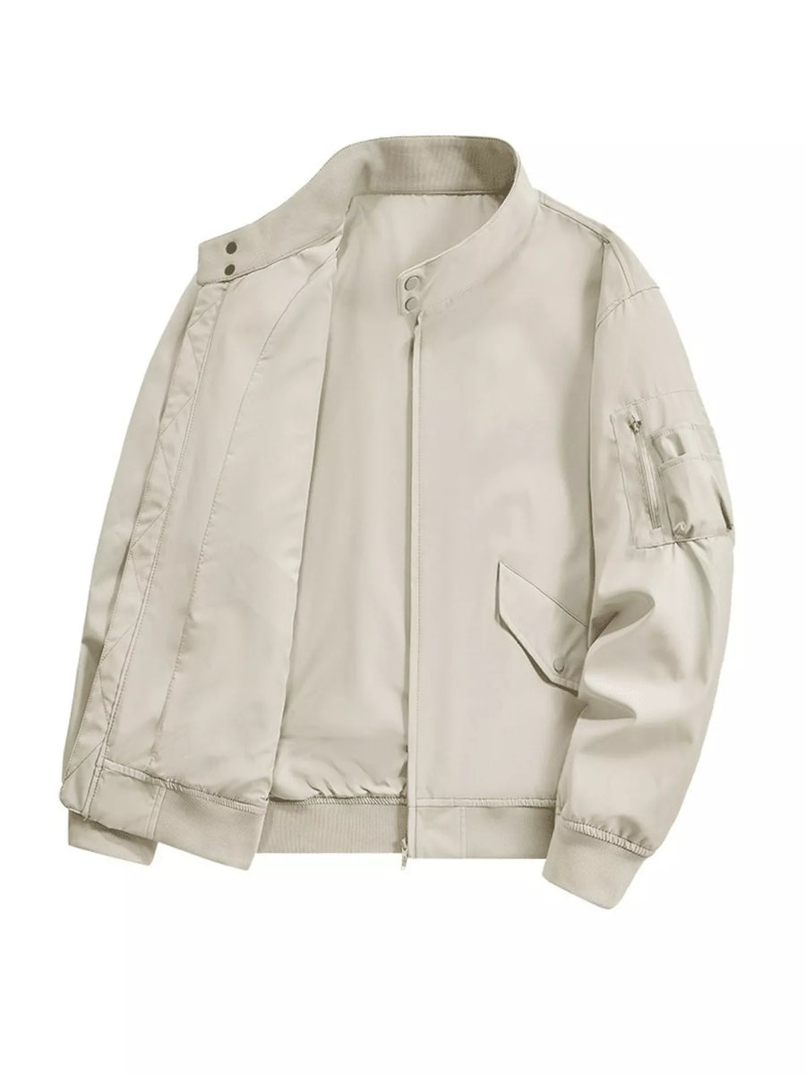 Beige gray bomber jacket with zip front, snap collar, and zippered sleeve pocket.