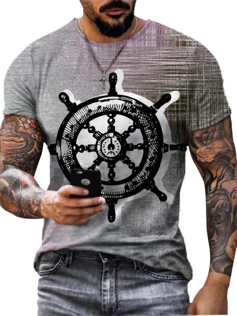 Gray graphic t-shirt with artistic compass print, crew neck, short sleeves.