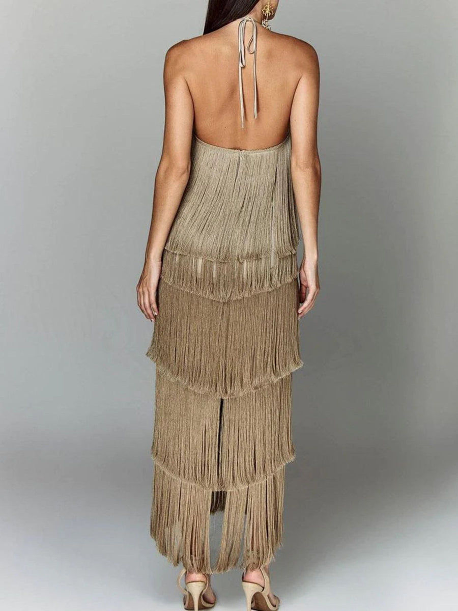 Camel halter neck maxi dress with tiered fringe detail and open back.