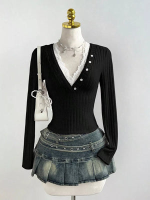 Pink with V-neck Lace Trim Ribbed Knit T-shirt