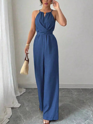 tan flared jumpsuit with halter