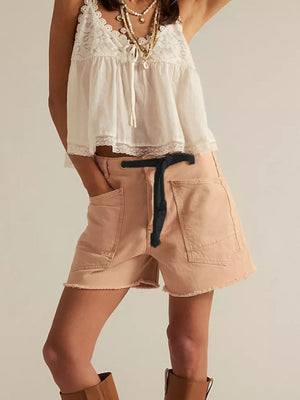 Drawstring Raw Hem Denim Shorts in Black with raw hem