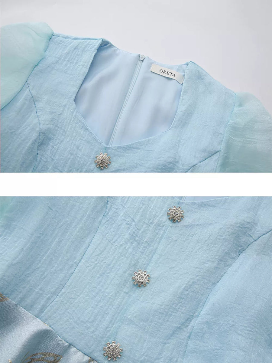 Light blue midi dress with square neckline, puff sleeves, and ornate button details.