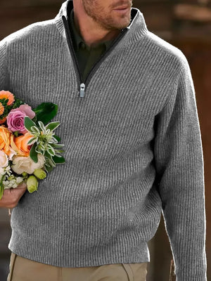 Gray textured ribbed quarter-zip sweater with a mock neck and zip closure.