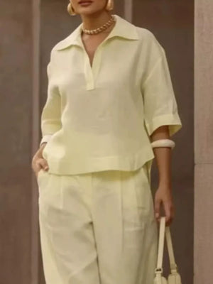 matching set in Light Yellow with 3/4 sleeve and full-length