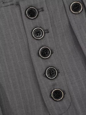 Grey pinstripe sweatpants with a buttoned fly detail.