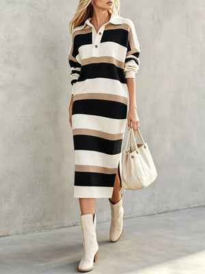 100% polyester Care instructions: Machine wash cold sweater dress in camel with straight silhouette