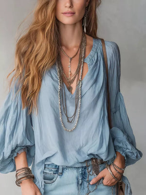 Off-white Notched Balloon Sleeve Blouse