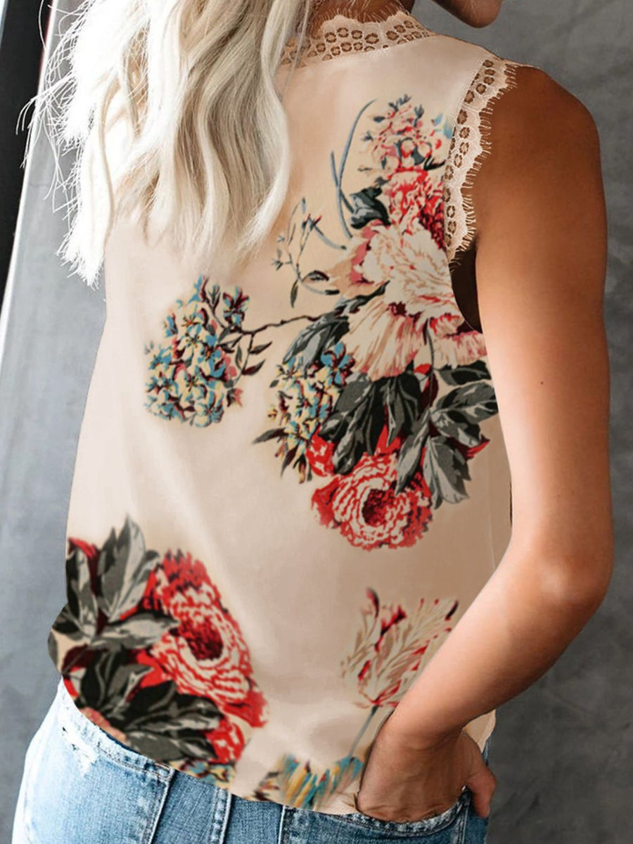 Floral print camisole with lace trim in cream, featuring a scoop neck and sleeveless design.