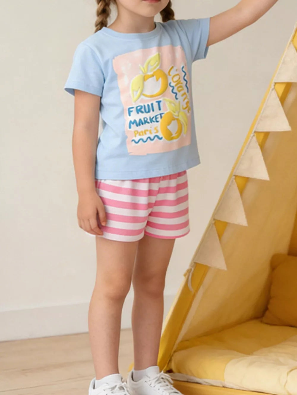 Playful fruit market tee and shorts set for kids