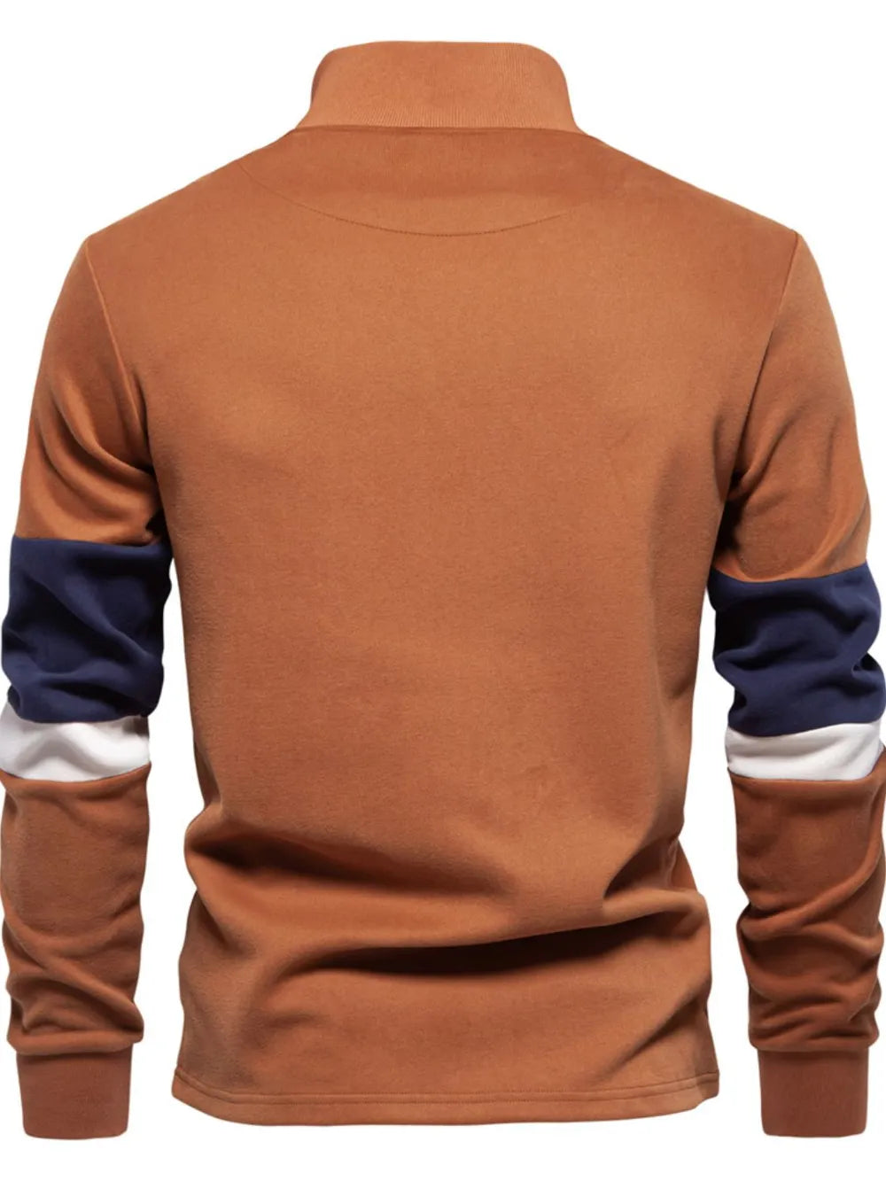 Colorblock zip-neck sweatshirt in caramel with navy and white sleeve stripes.