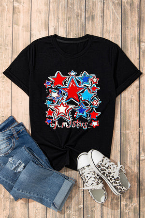 Black t-shirt with rolled sleeves and a red, white, and blue star graphic.