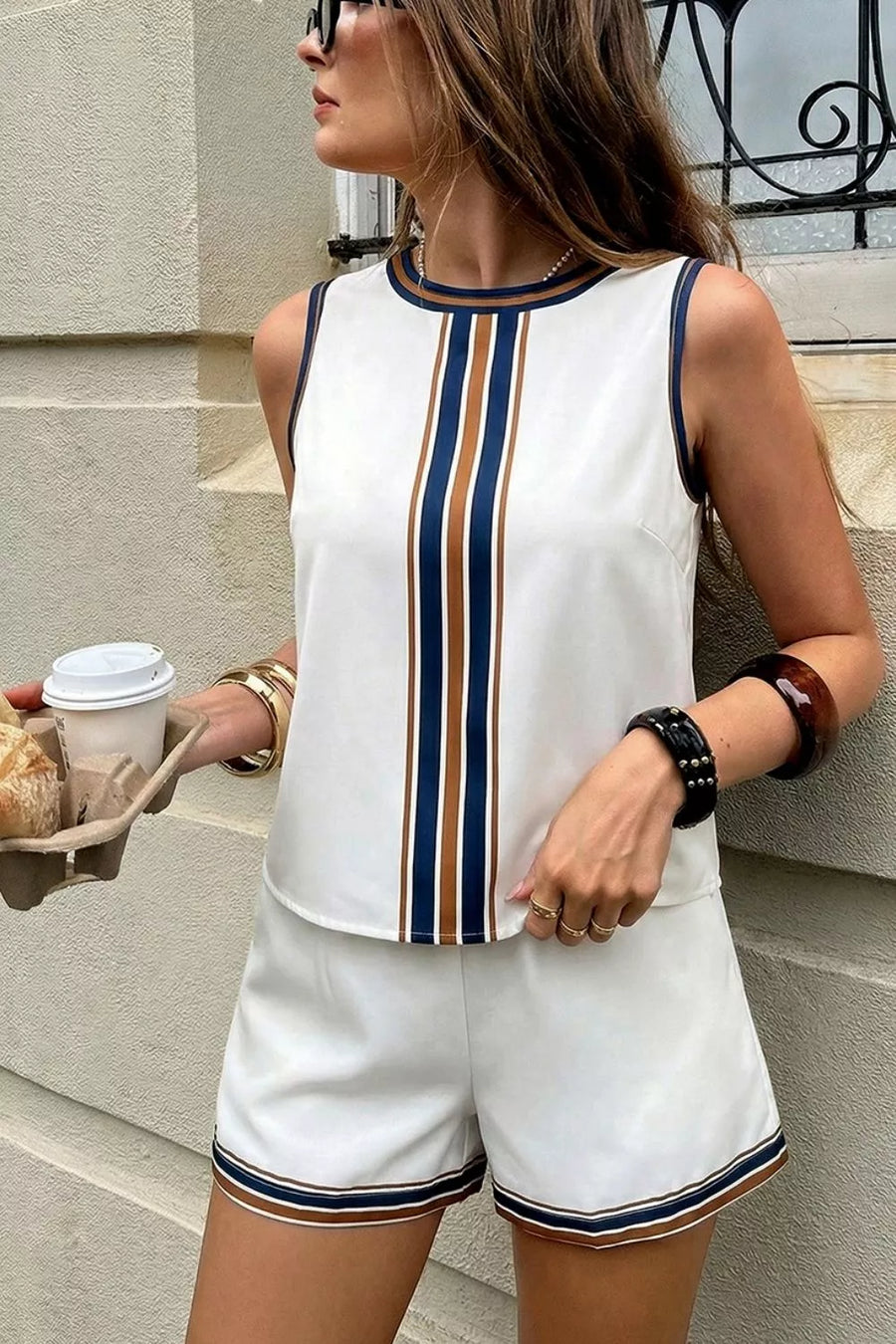 Striped Sleeveless Top And Shorts Set in Black