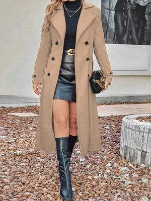 trench coat in camel featuring double-breasted and regular fit