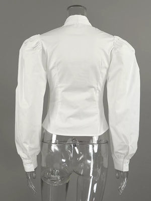 White fitted blouse with mock neck