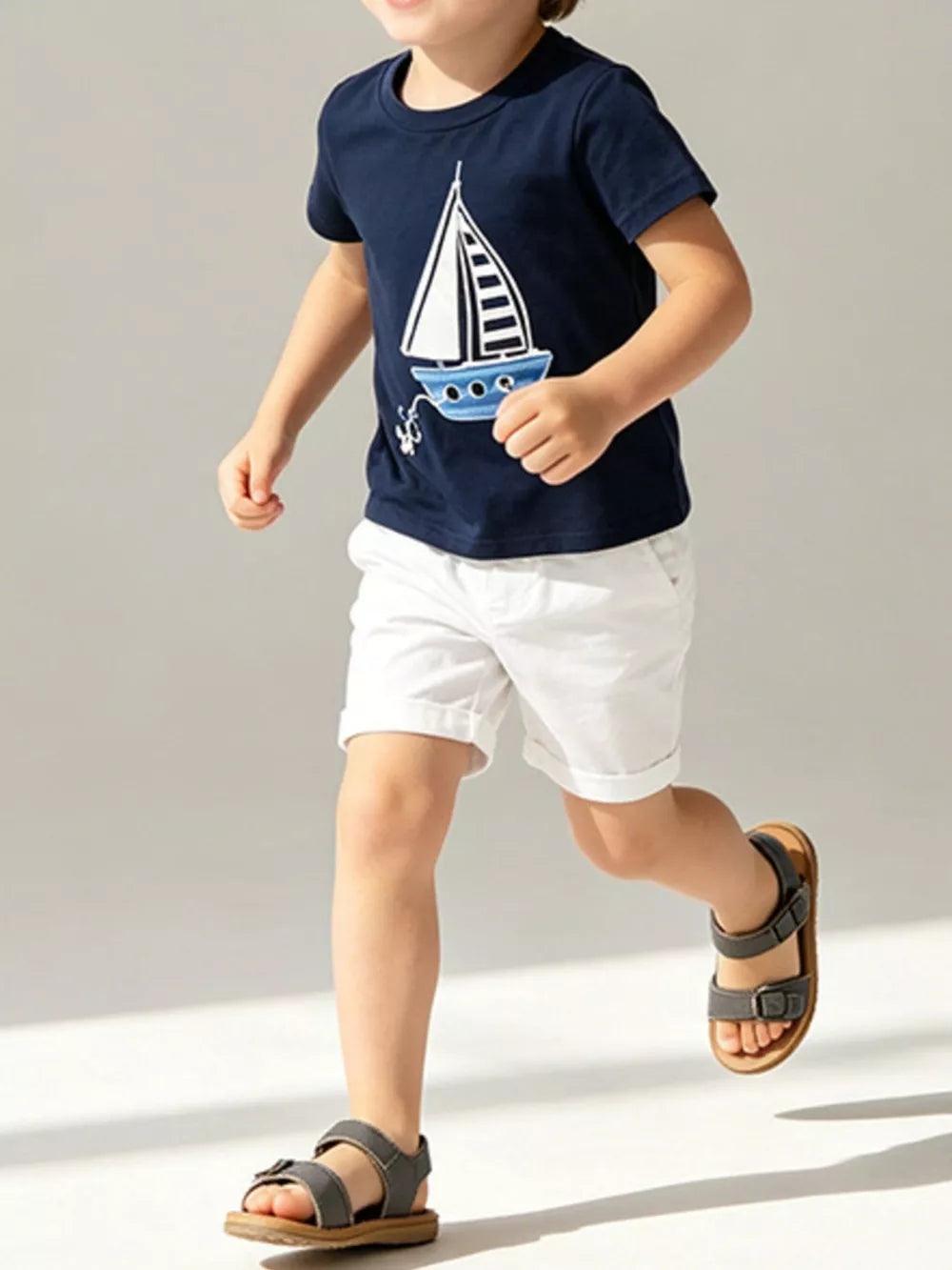 Navy graphic t-shirt with sailboat print, short sleeves, crew neck, on a toddler boy.