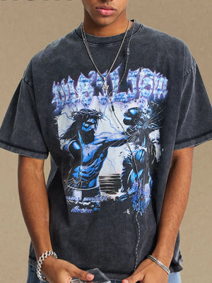 Black graphic tee with half sleeves and a distressed wash, featuring a blue lightning-themed print.