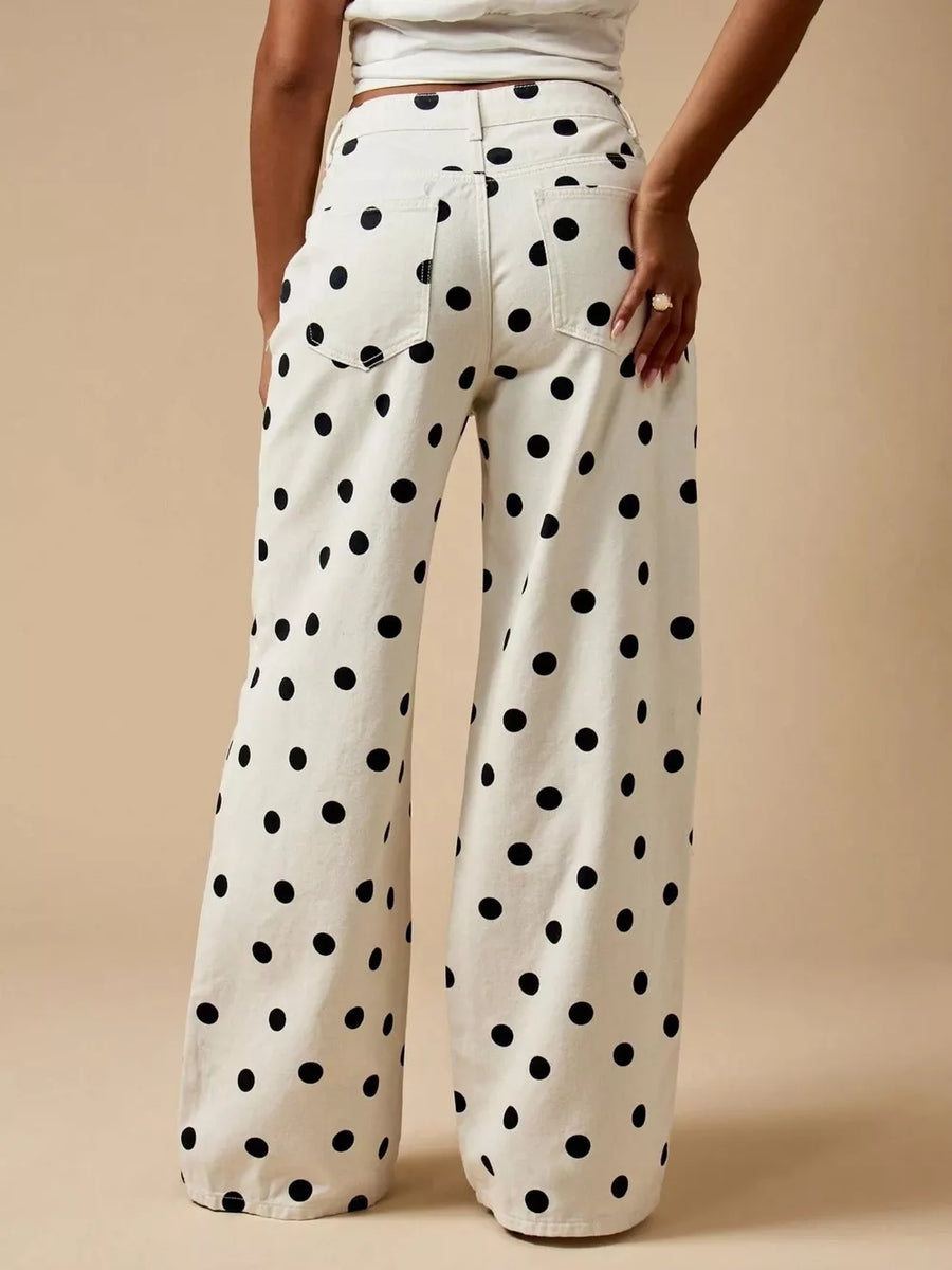 wide-leg jeans featuring polka dot in Brown with 95%cotton, 5%spandex Care instructions: Machine wash cold texture