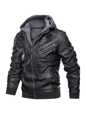 Black faux leather moto jacket with grey hooded insert, zippered pockets and ribbed cuffs.