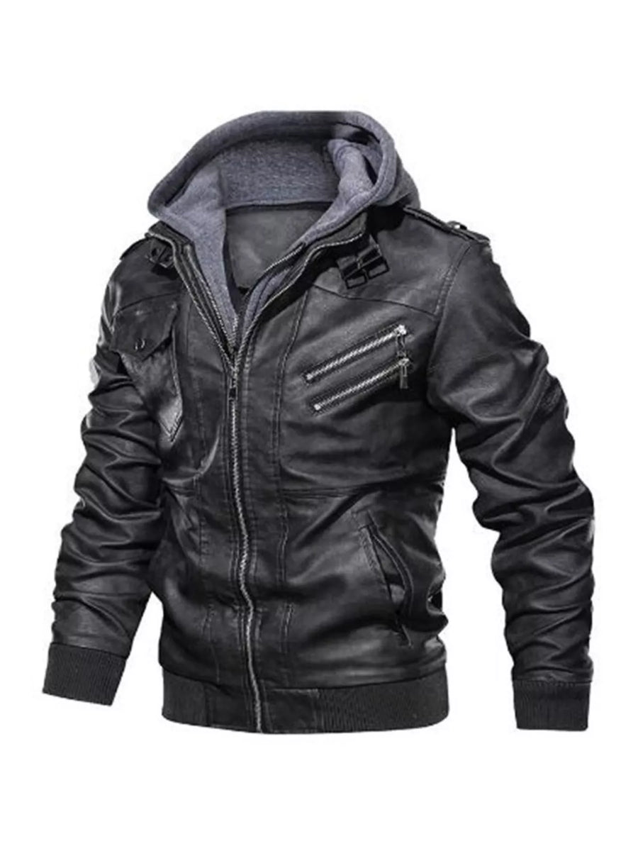 Black faux leather moto jacket with grey hooded insert, zippered pockets and ribbed cuffs.