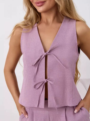 Purple cotton tie-front sleeveless top with V-neck and matching shorts set.