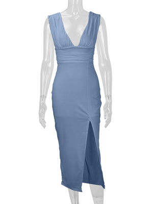 Sleeveless Deep V-Neck Ruched Bodycon Dress in Dusty Blue