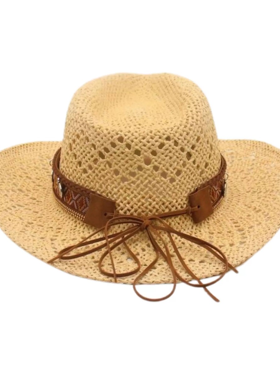 Women's woven straw cowboy hat in ivory with a decorative boho band and suede ties.
