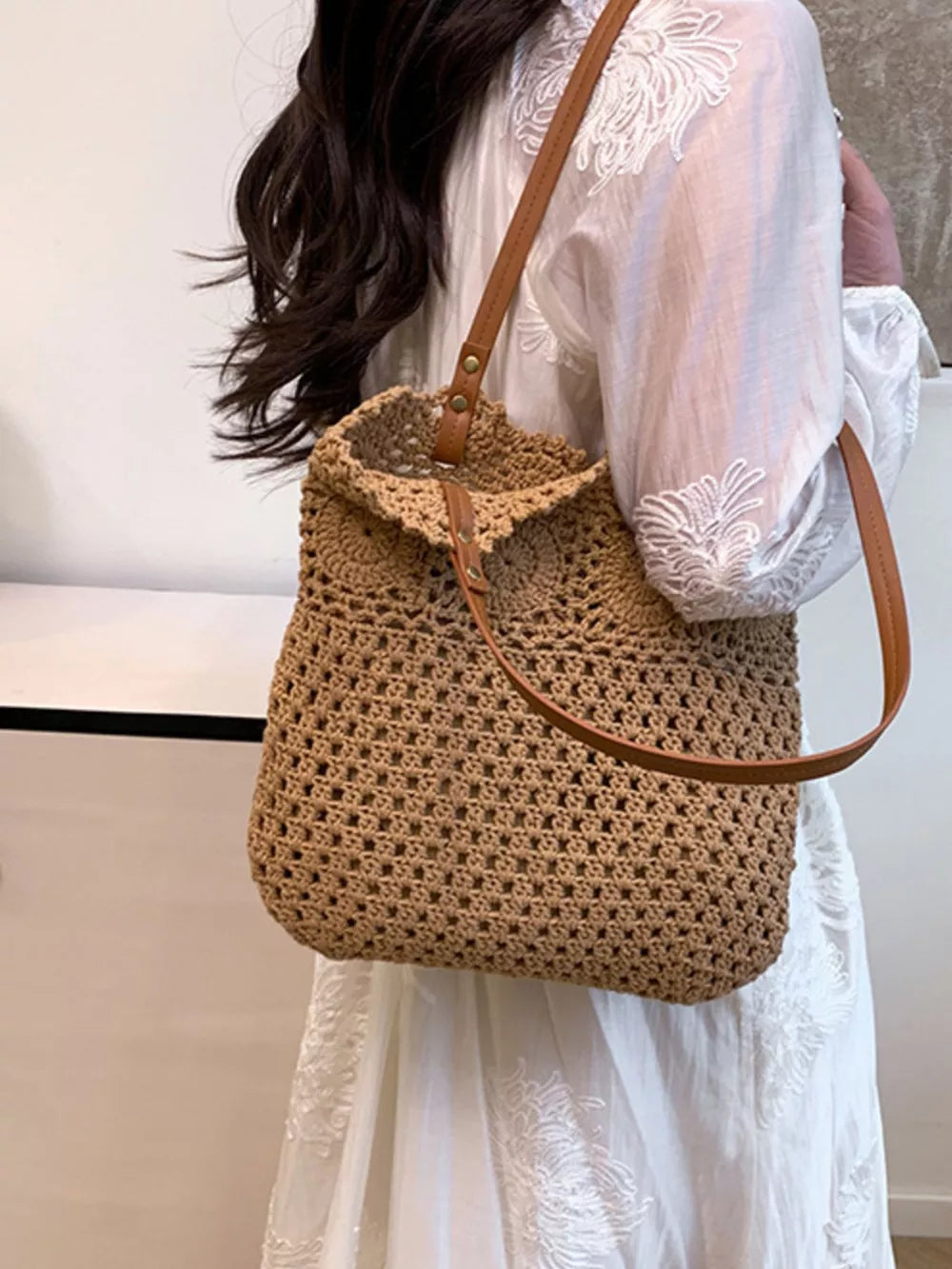 tote featuring crochet in Khaki with Polyester Imported Size &amp texture