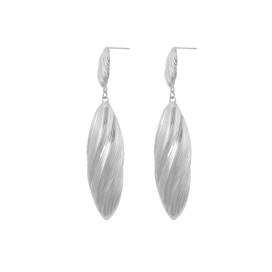 Textured silver leaf drop earrings with a twisted design.