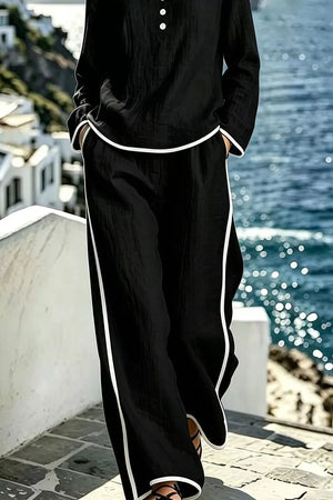 Black with Contrast Trim Long Sleeve Top And Pants Set