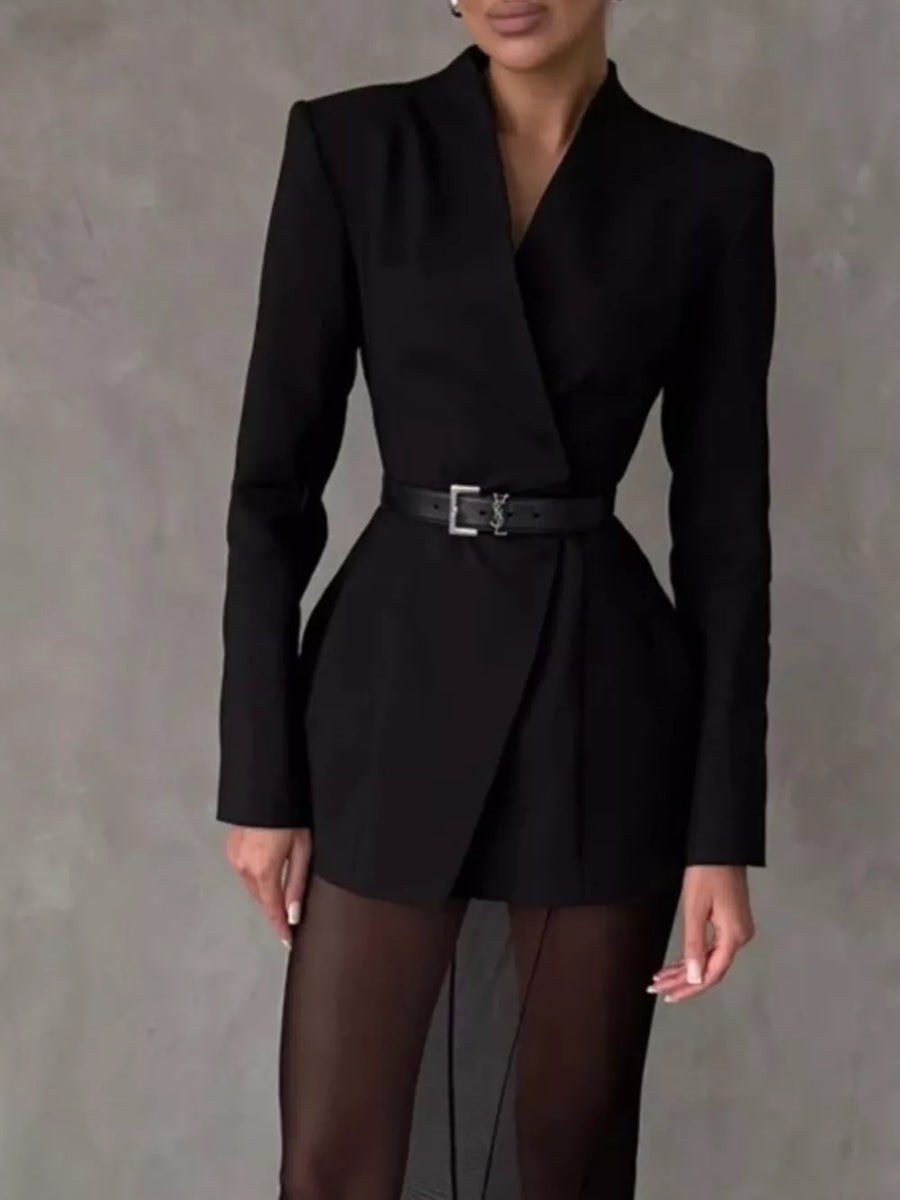 white blazer with structured shoulders and long sleeve