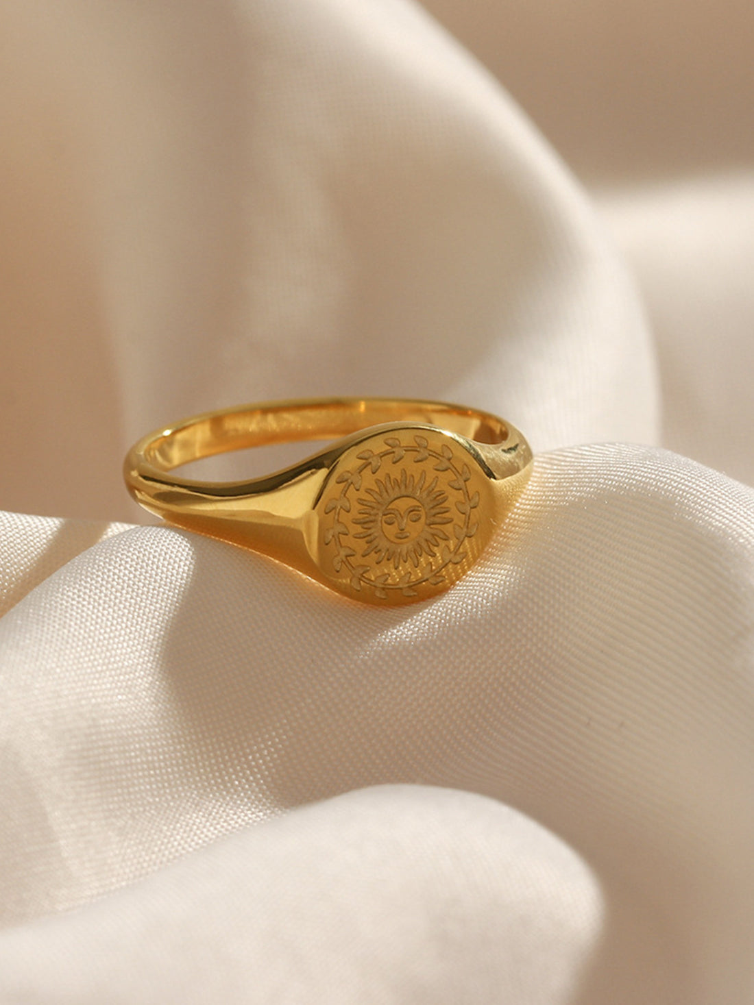 18K Gold-Plated Sun Motif Signet Ring in gold with 18K gold-plated