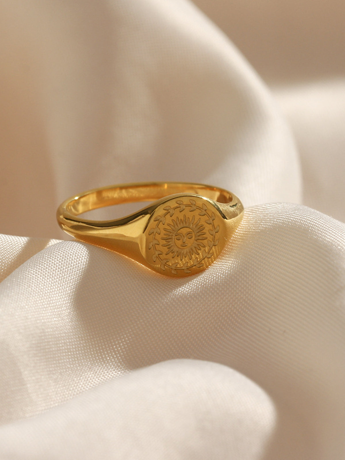 18K Gold-Plated Sun Motif Signet Ring in gold with 18K gold-plated