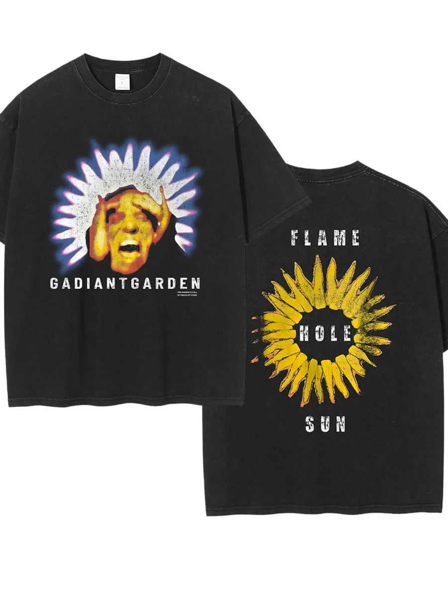 Black distressed graphic tee with Gadiantgarden print on front and sunflower graphic with text on back.