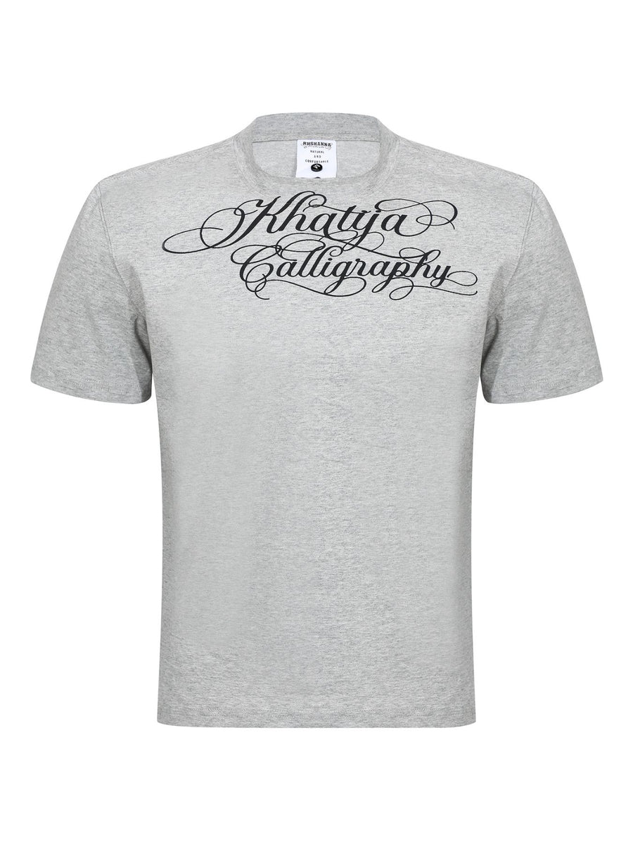 heather gray t-shirt with graphic and crew neck