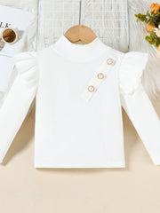 White ribbed mock neck top with ruffled sleeves and decorative pearl buttons.