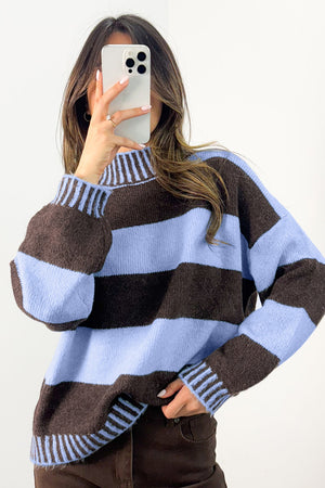 sky blue mock neck sweater featuring dropped shoulder and striped