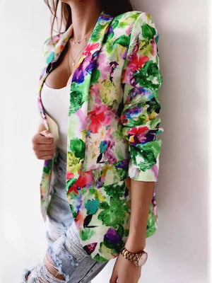 Orange Red Vibrant Floral Print Open Front Blazer