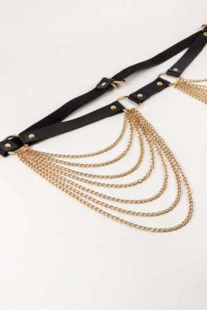 Black leather waist harness with cascading gold chains and gold hardware.
