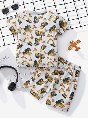 Toddler construction vehicle print tee and shorts set with orange traffic cones.