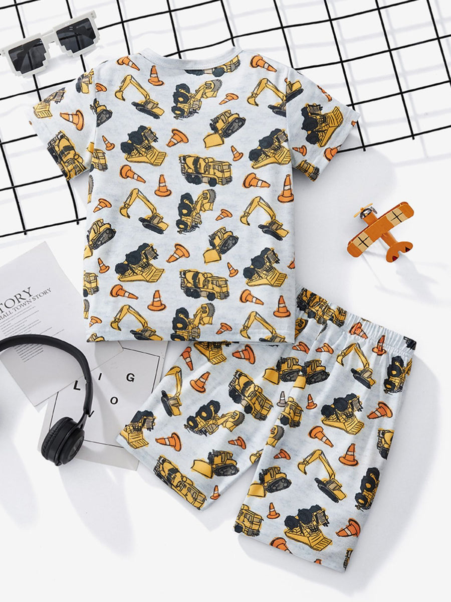 Toddler construction vehicle print tee and shorts set with orange traffic cones.